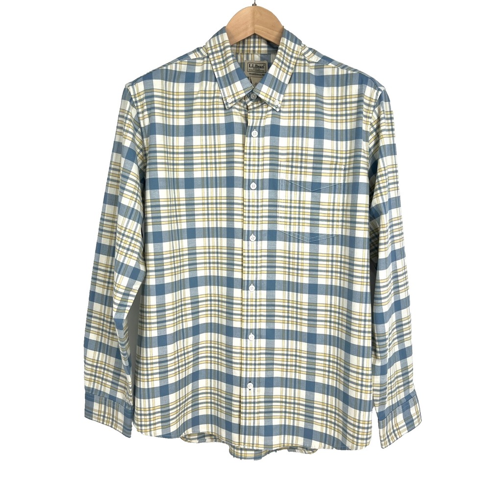 L.L.Bean Traditional Fit Button Down Dress Shirt Mens‎ Size M Blue Yellow Plaid